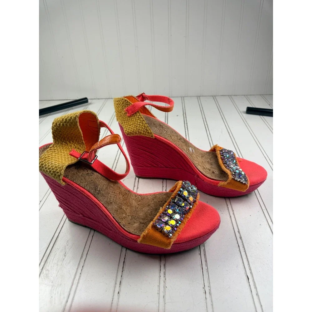 Gianni Bini Vintage Y2K Pink Orange Jeweled Wedge Heel Sandals Women's Size 10M